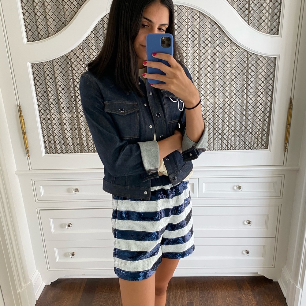 Sandro Navy and White striped sequins shorts
